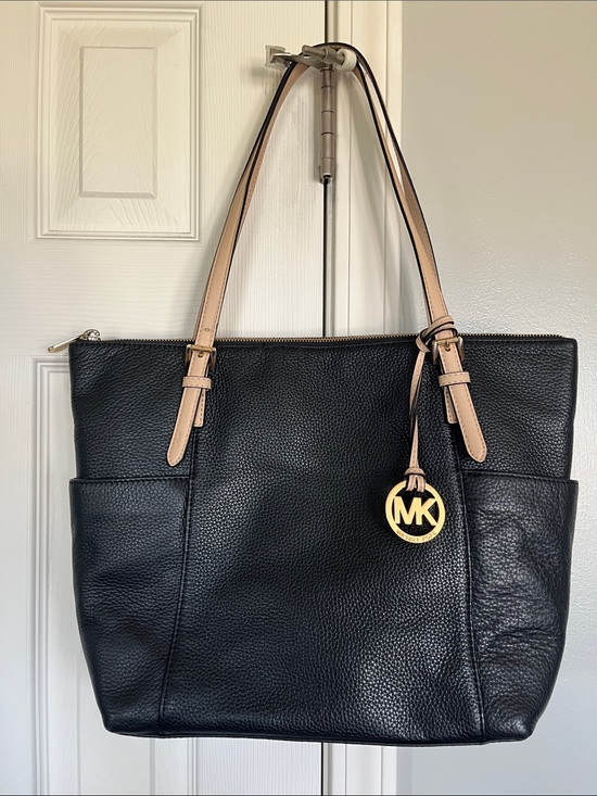 Michael Kors Handbags - Michael Kors Jet Set Black Leather Tote with Tan Straps and Gold MK Charm